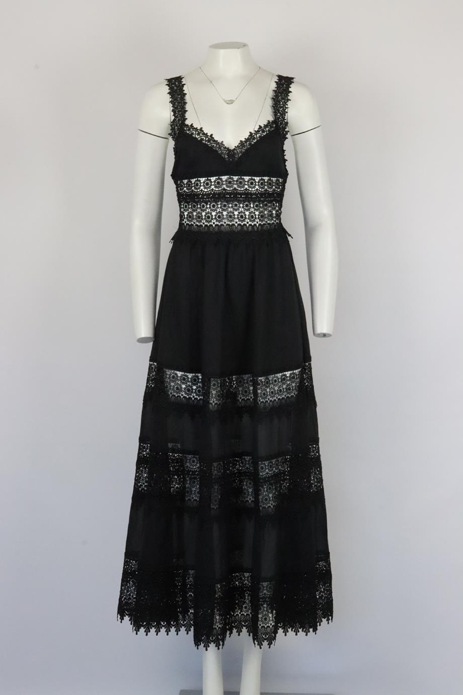 Charo Ruiz lace trimmed cotton blend maxi dress. Black. Sleeveless, v-neck. Slips on. 90% Cotton, 10% polyester. Size: Small (UK 8, US 4, FR 36, IT 40). Bust: 26.2 in. Waist: 22.4 in. Hips: 30.2 in. Length: 44 in. Very good condition - As new
