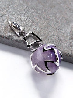 Charoite and Quartz White Gold Pendant Yin and Yang Sphere Dark Magic Energy Gem