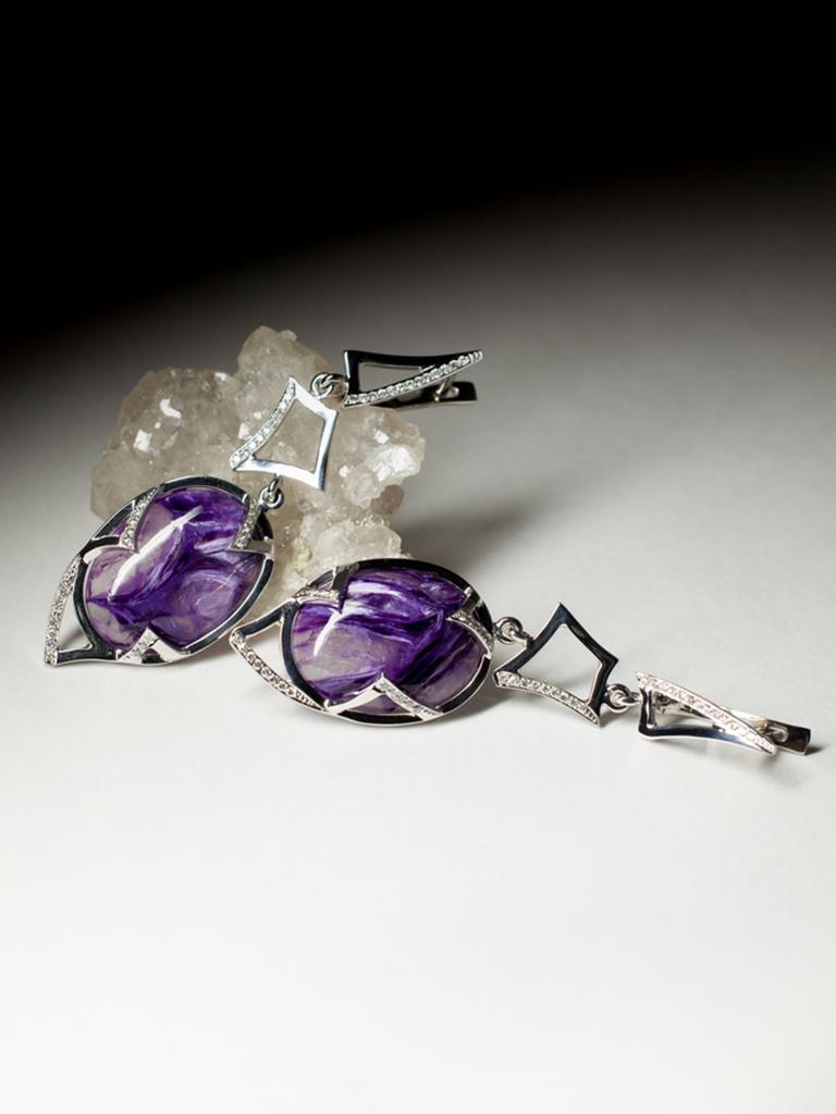 Charoite Diamond White Gold Earrings Dangle Art Deco Style Purple Gemstone For Sale 2