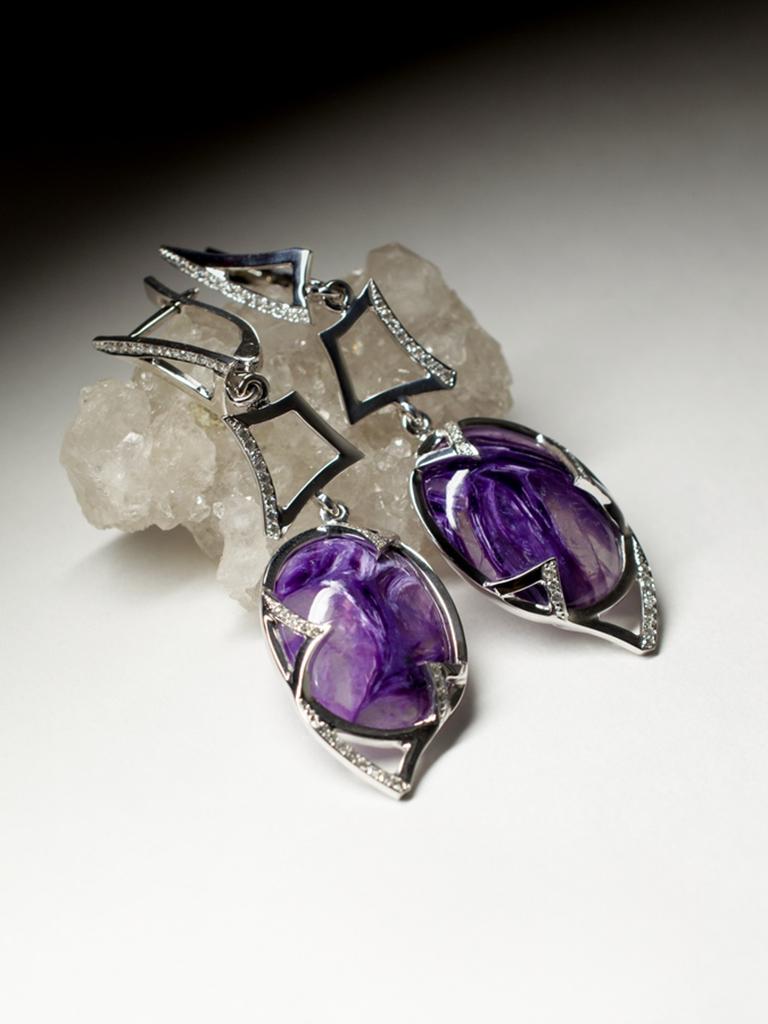 Charoite Diamond White Gold Earrings Dangle Art Deco Style Purple Gemstone For Sale 3