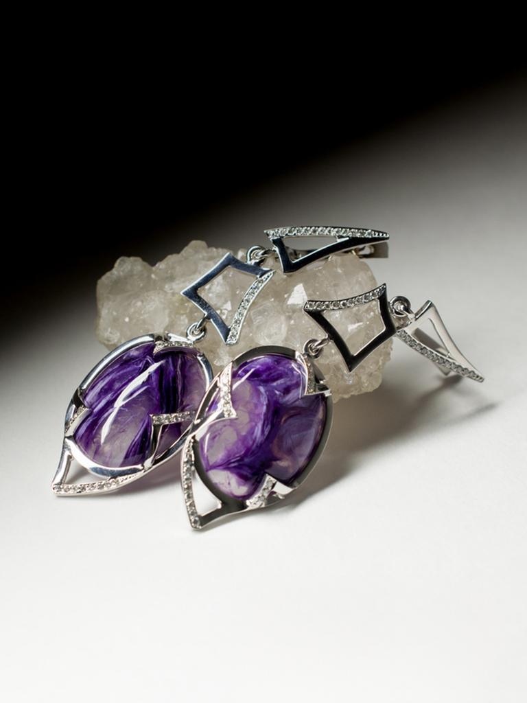 Charoite Diamond White Gold Earrings Dangle Art Deco Style Purple Gemstone For Sale 4