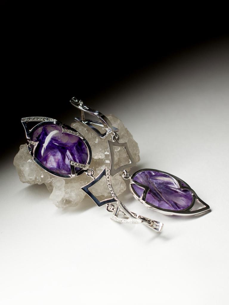 Charoite Diamond White Gold Earrings Dangle Art Deco Style Purple Gemstone For Sale 6