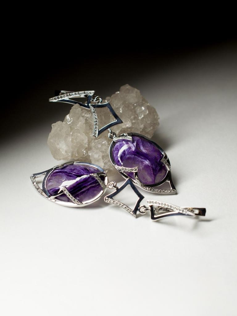 Charoite Diamond White Gold Earrings Dangle Art Deco Style Purple Gemstone For Sale 7