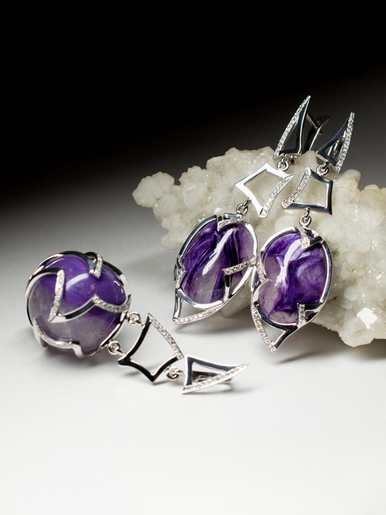 Charoite Diamond White Gold Earrings Dangle Art Deco Style Purple Gemstone For Sale 8
