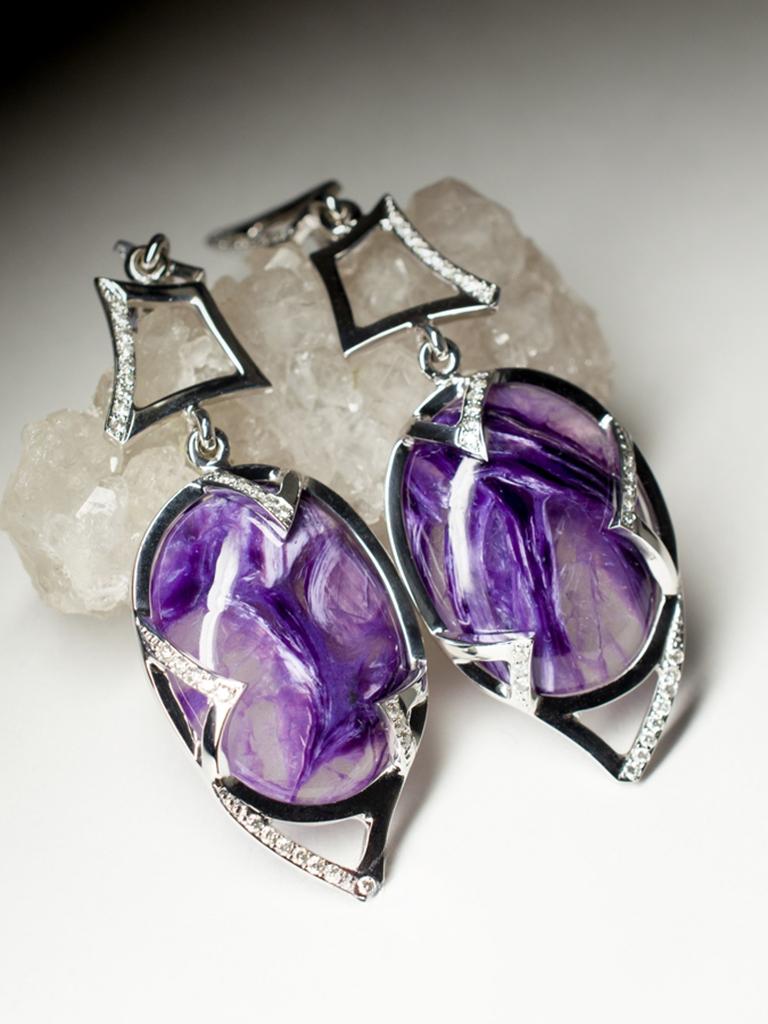 Cabochon Charoite Diamond White Gold Earrings Dangle Art Deco Style Purple Gemstone For Sale
