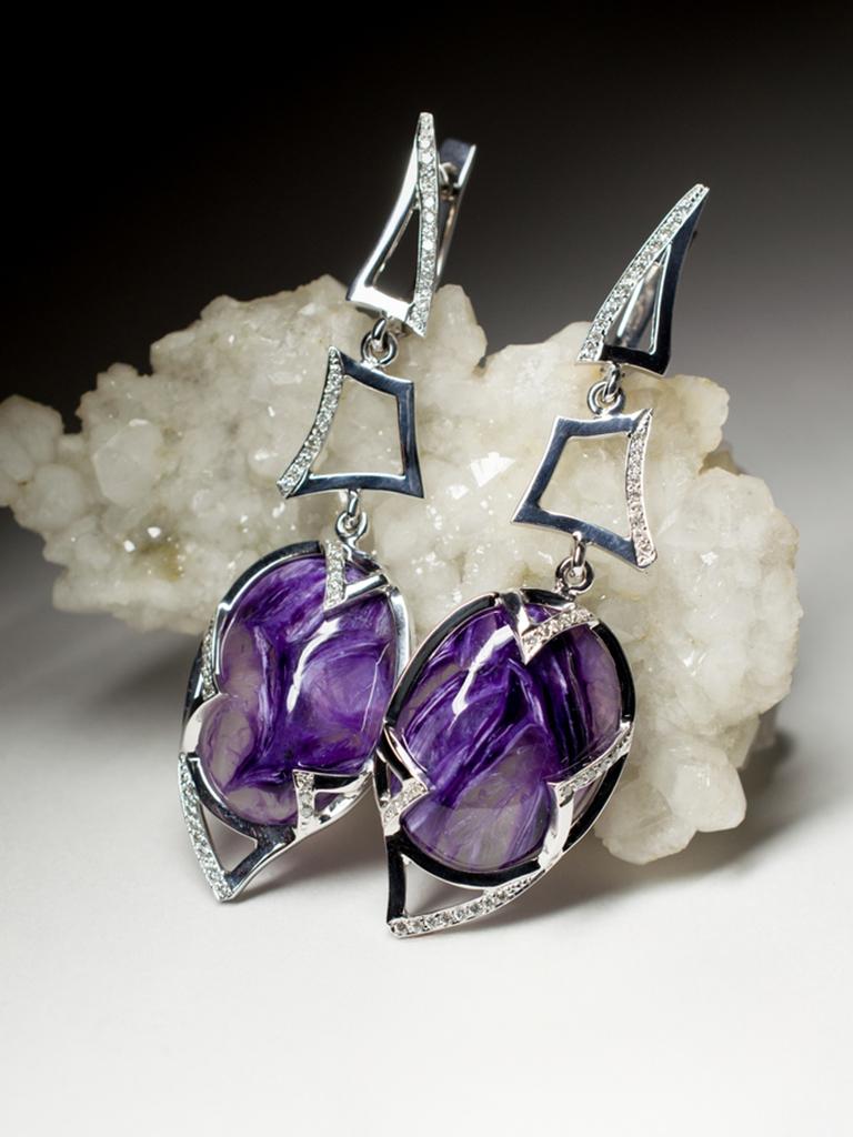Women's or Men's Charoite Diamond White Gold Earrings Dangle Art Deco Style Purple Gemstone For Sale