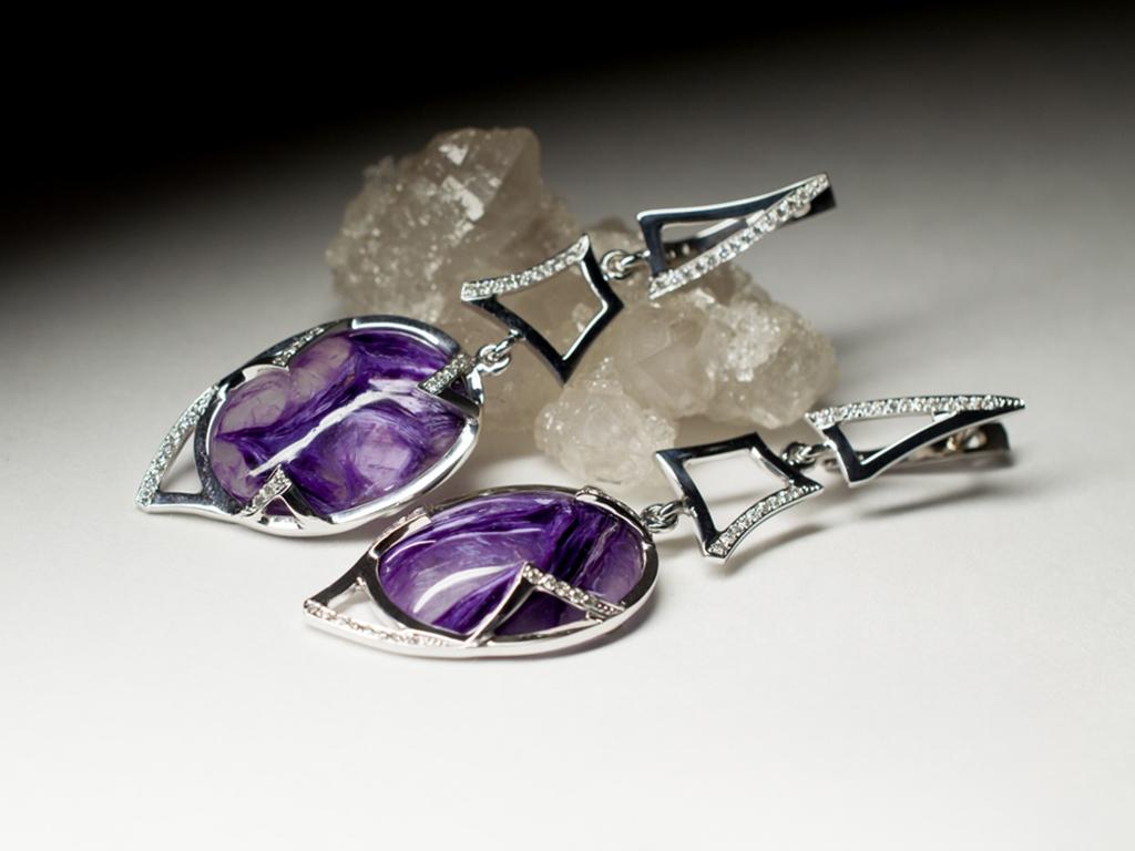 Charoite Diamond White Gold Earrings Dangle Art Deco Style Purple Gemstone For Sale 1