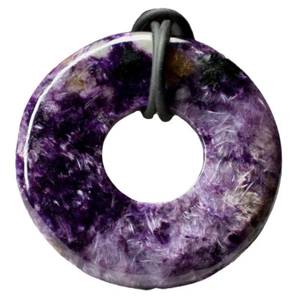 Charoite Disc Pendant Leather Cord Torus Dark Orchid Purple Gem vintage gift