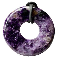 Charoite Disc Pendant Leather Cord Torus Dark Orchid Purple Gem vintage gift