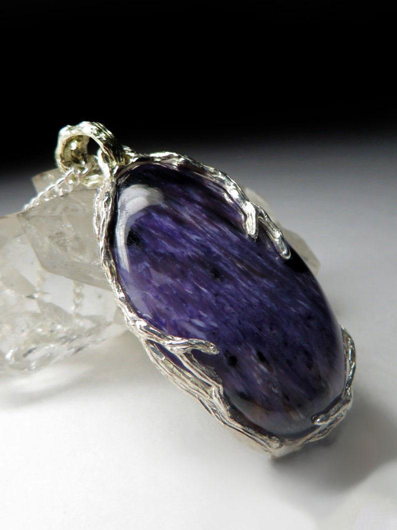 Oval Cut Charoite necklace silver Natural Purple Gemstone Vintage Unisex Jewelry For Sale