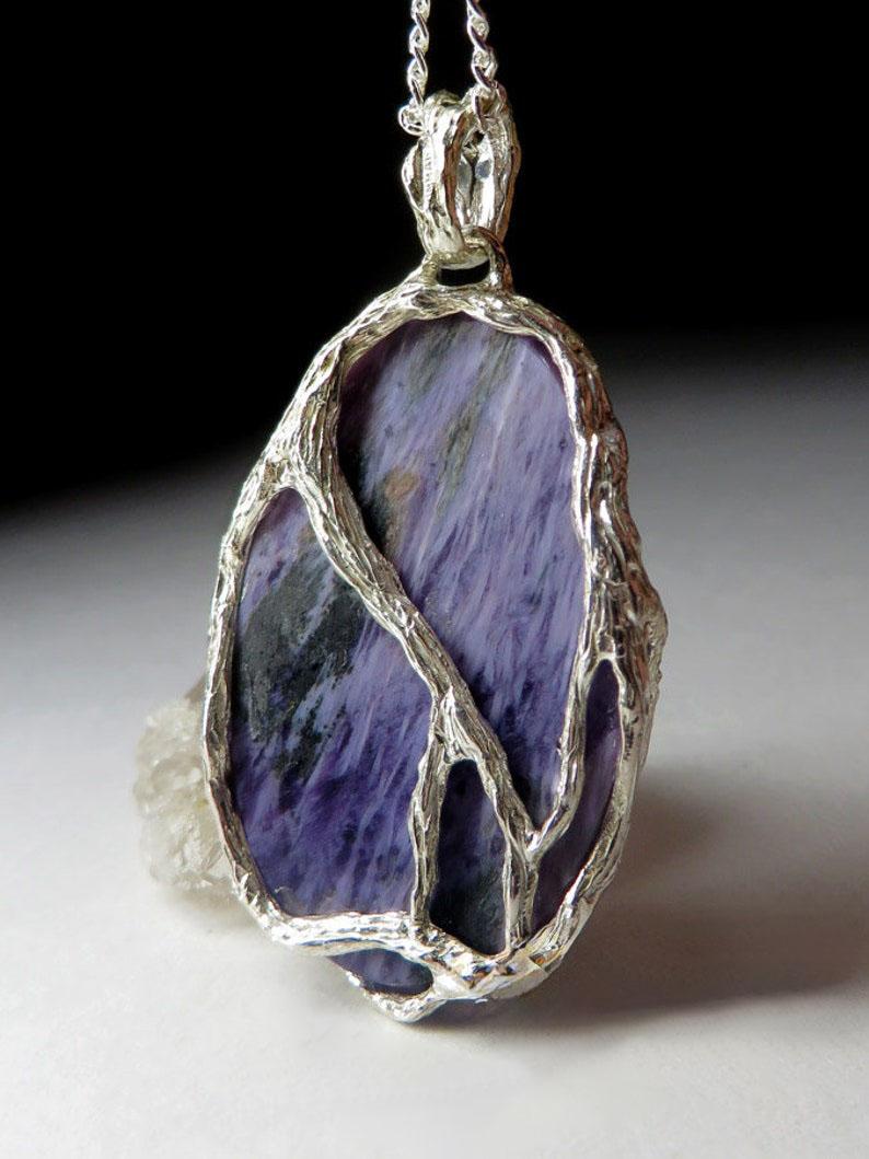 Charoite necklace silver Natural Purple Gemstone Vintage Unisex Jewelry For Sale 2