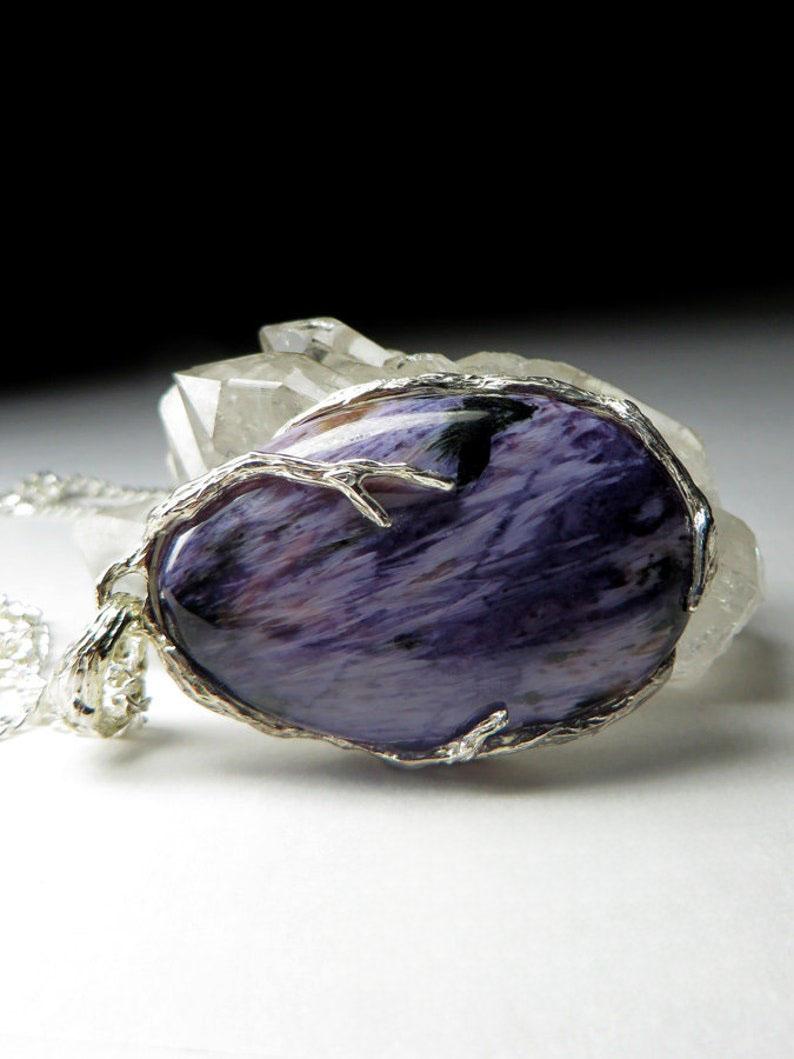 Charoite necklace silver Natural Purple Gemstone Vintage Unisex Jewelry For Sale 3