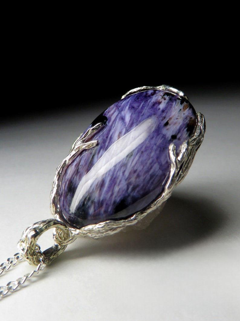Charoite necklace silver Natural Purple Gemstone Vintage Unisex Jewelry For Sale 4