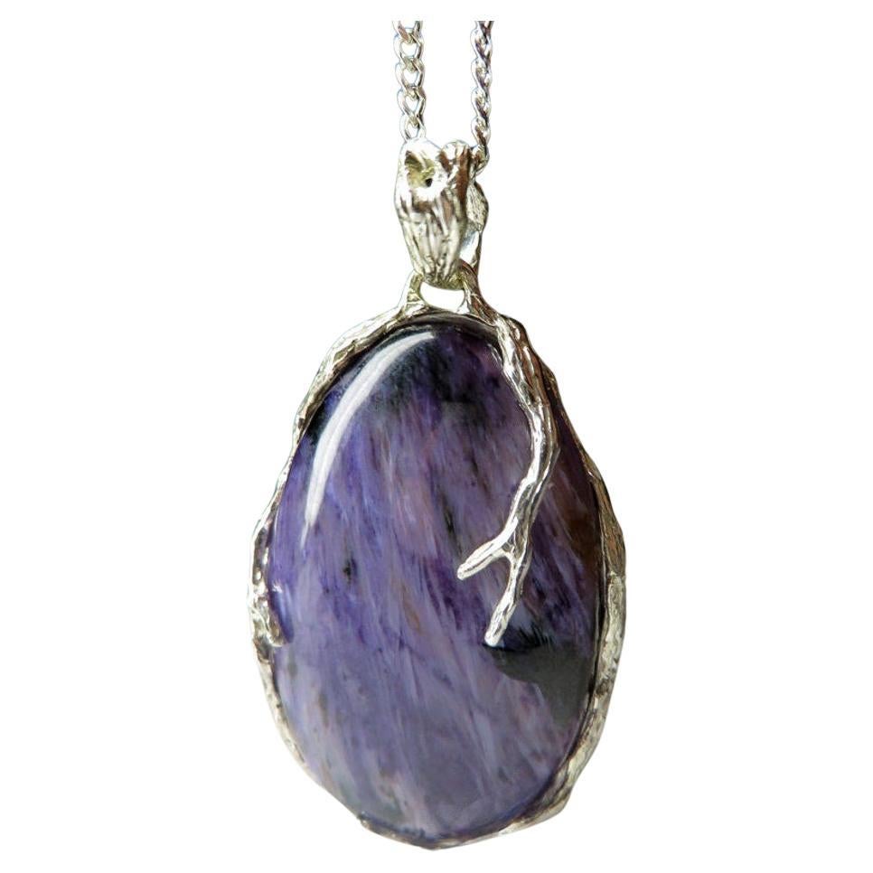 Charoite necklace silver Natural Purple Gemstone Vintage Unisex Jewelry For Sale