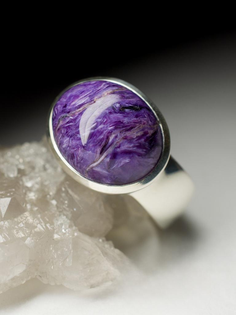 Oval Cut Charoite Ring Silver Purple Natural Violet Gemstone Unisex Jewelry Gift For wife For Sale