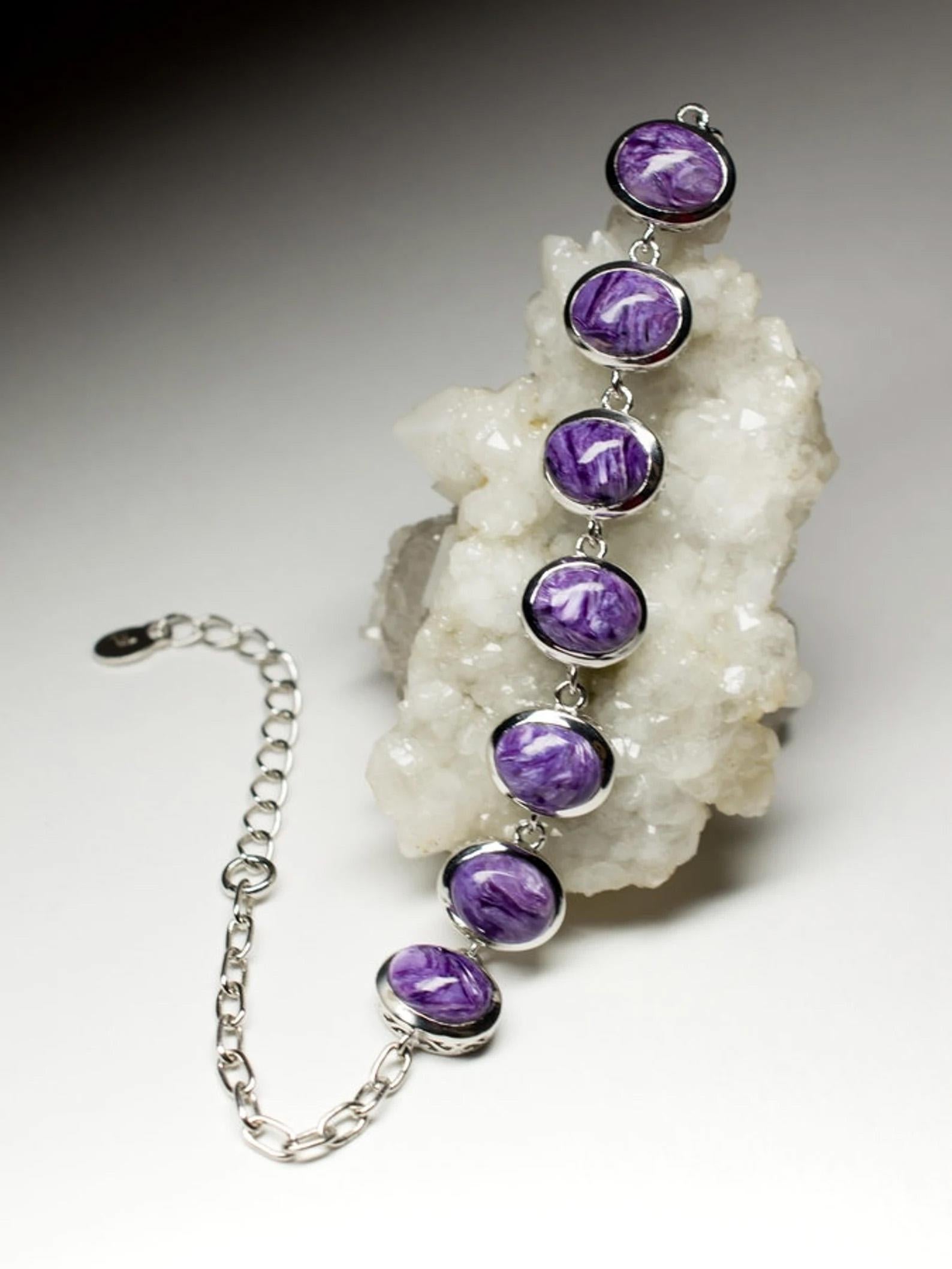 Oval Cut Charoite Silver Bracelet Deep Purple Wedding Anniversary gift Natural Jewelry For Sale