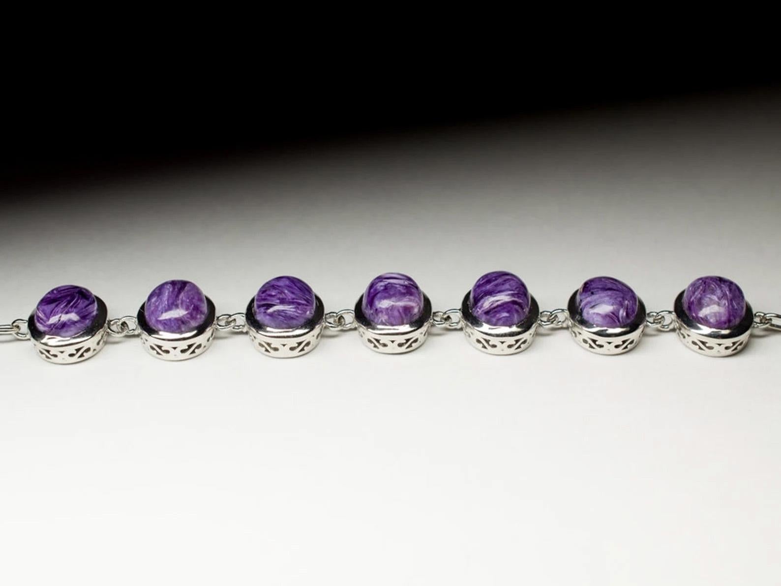 Charoite Silver Bracelet Deep Purple Wedding Anniversary gift Natural Jewelry In New Condition For Sale In Berlin, DE
