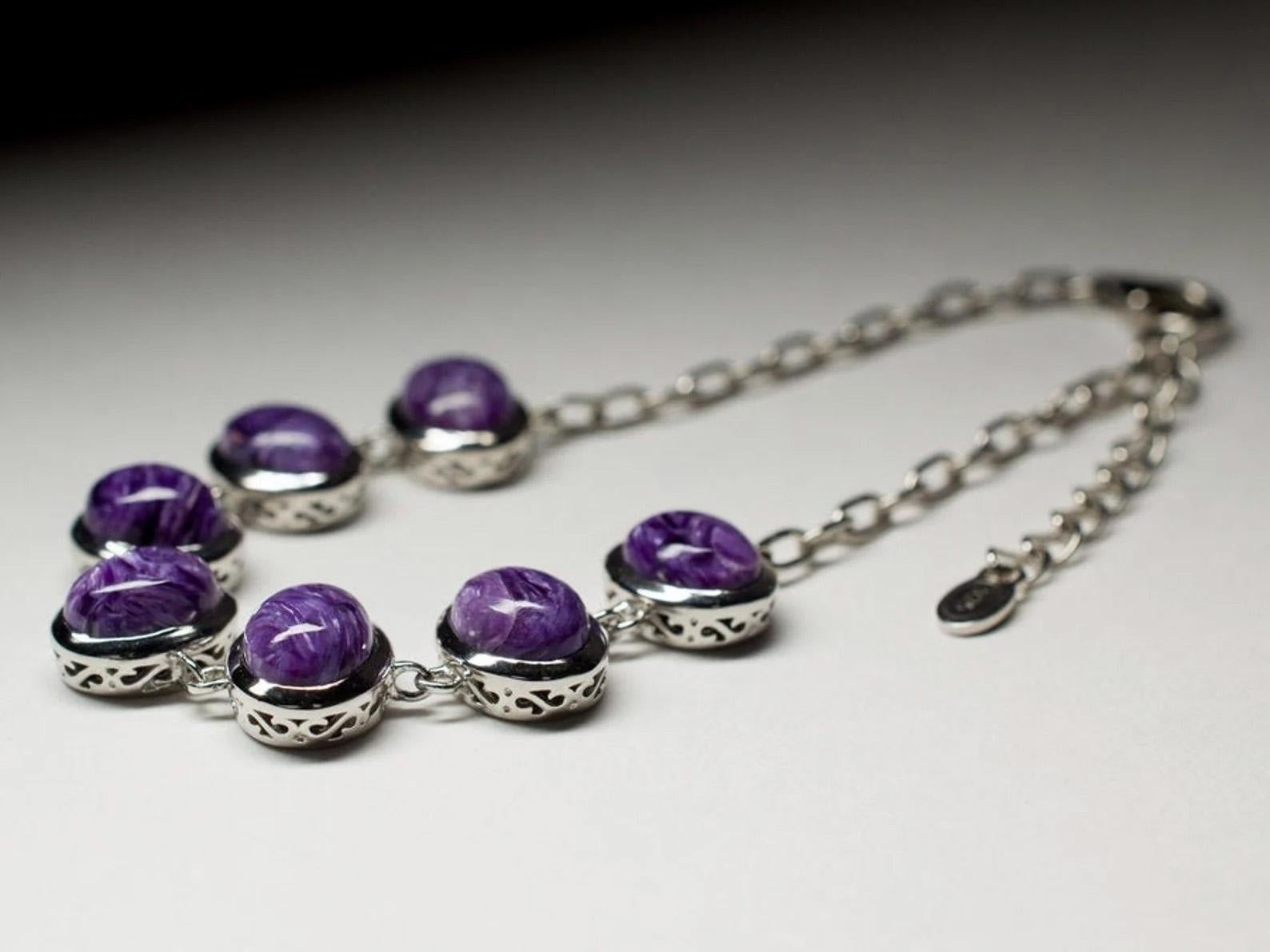 Women's or Men's Charoite Silver Bracelet Deep Purple Wedding Anniversary gift Natural Jewelry For Sale
