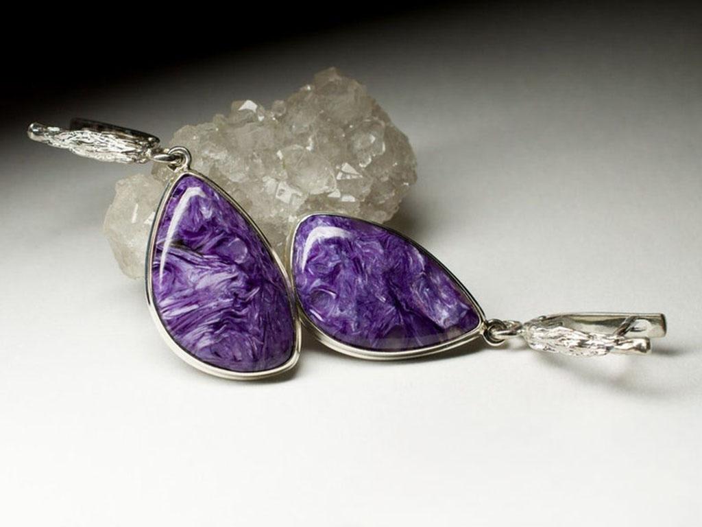 Charoite Silver Earrings Rare Natural Purple Gemstone Fine Unisex Jewelry For Sale 5
