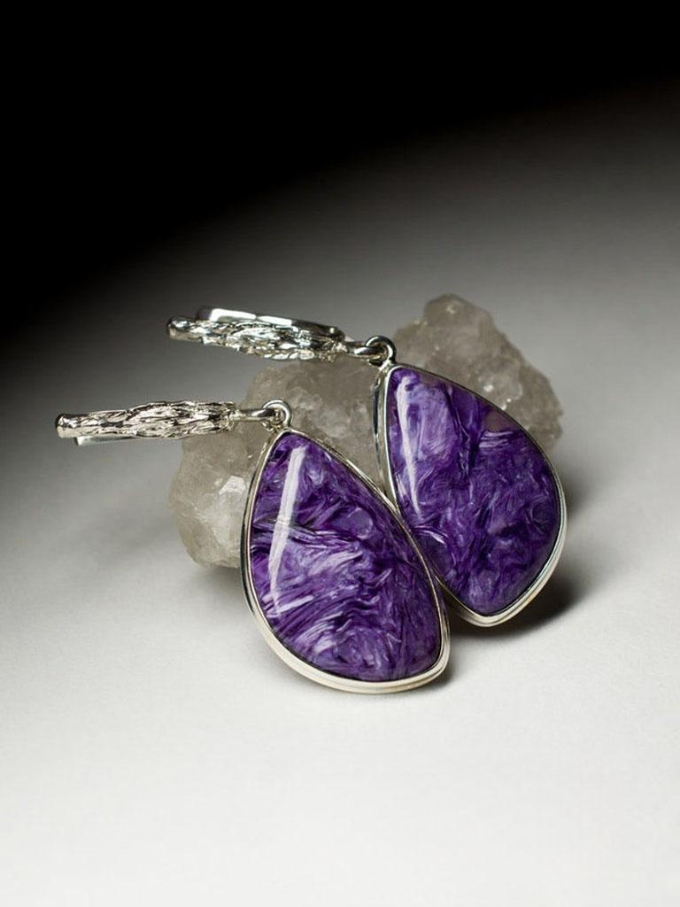 Artisan Charoite Silver Earrings Rare Natural Purple Gemstone Fine Unisex Jewelry For Sale