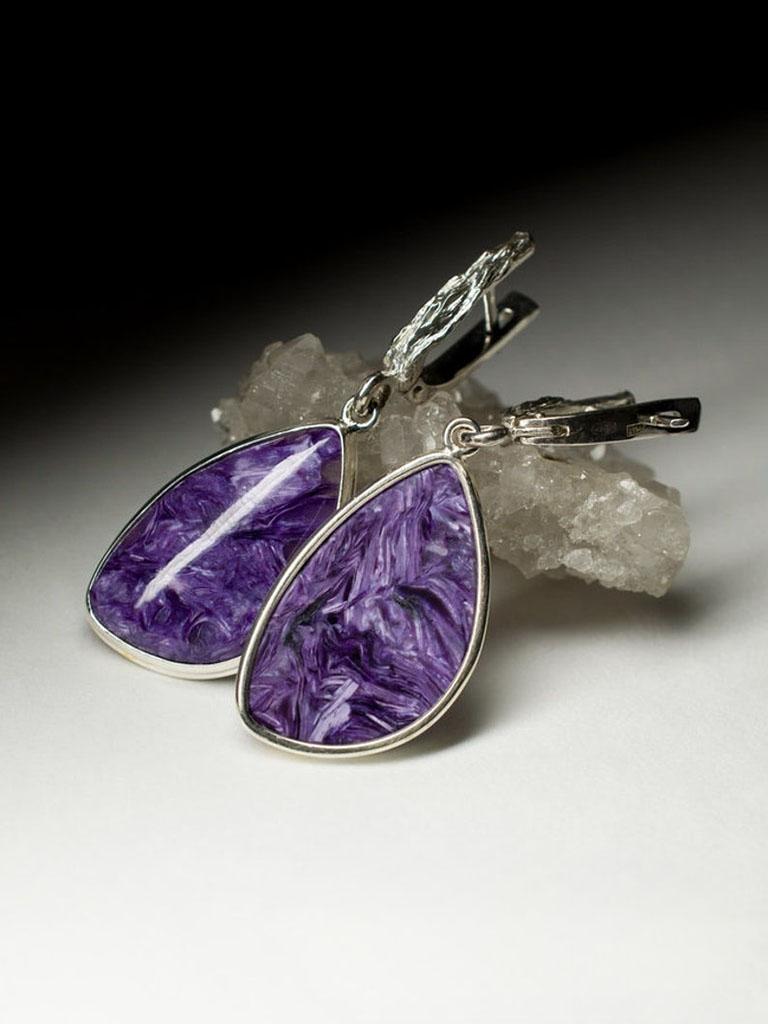 Pear Cut Charoite Silver Earrings Rare Natural Purple Gemstone Fine Unisex Jewelry For Sale