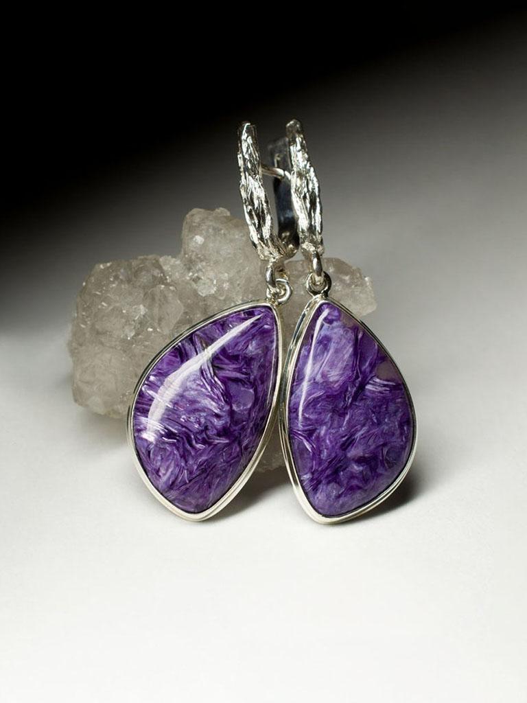 Charoite Silver Earrings Rare Natural Purple Gemstone Fine Unisex Jewelry In New Condition For Sale In Berlin, DE