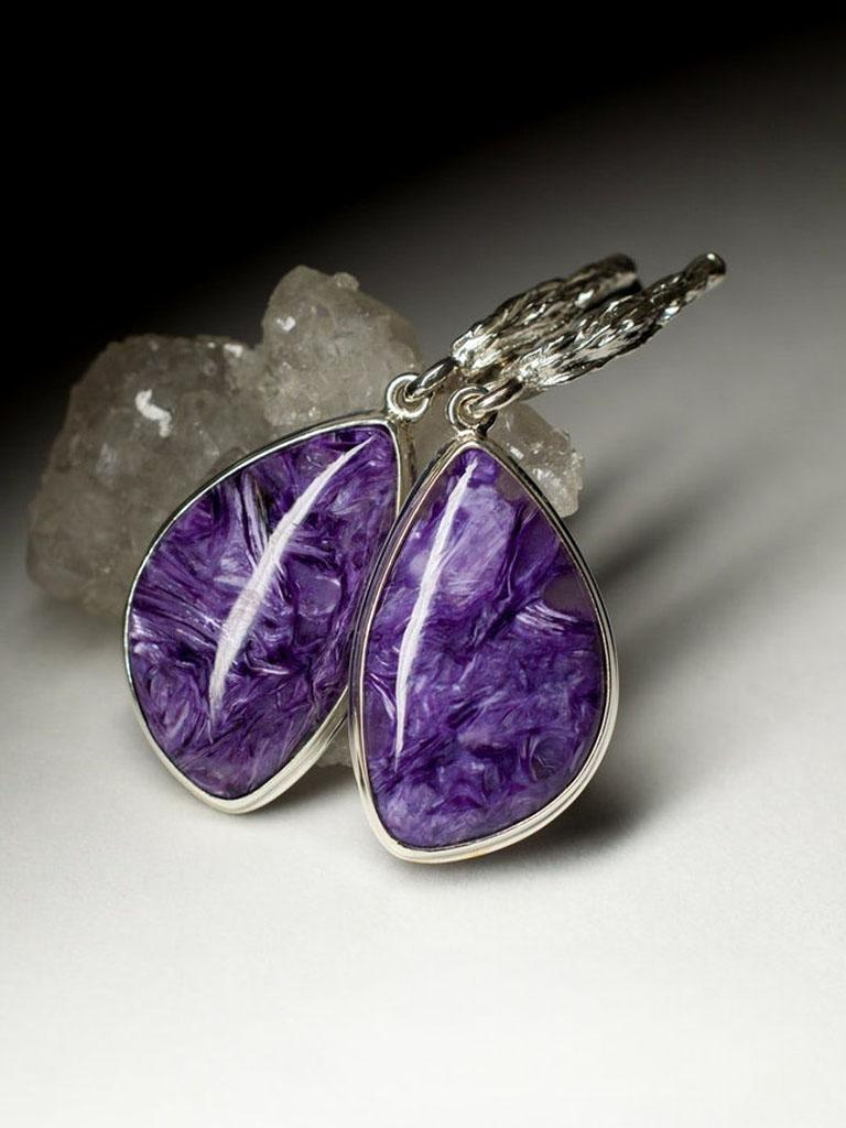 Charoite Silver Earrings Rare Natural Purple Gemstone Fine Unisex Jewelry For Sale 1