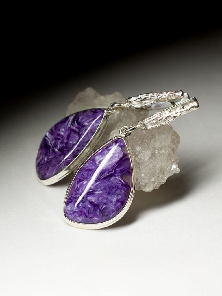 Charoite Silver Earrings Rare Natural Purple Gemstone Fine Unisex Jewelry For Sale 2