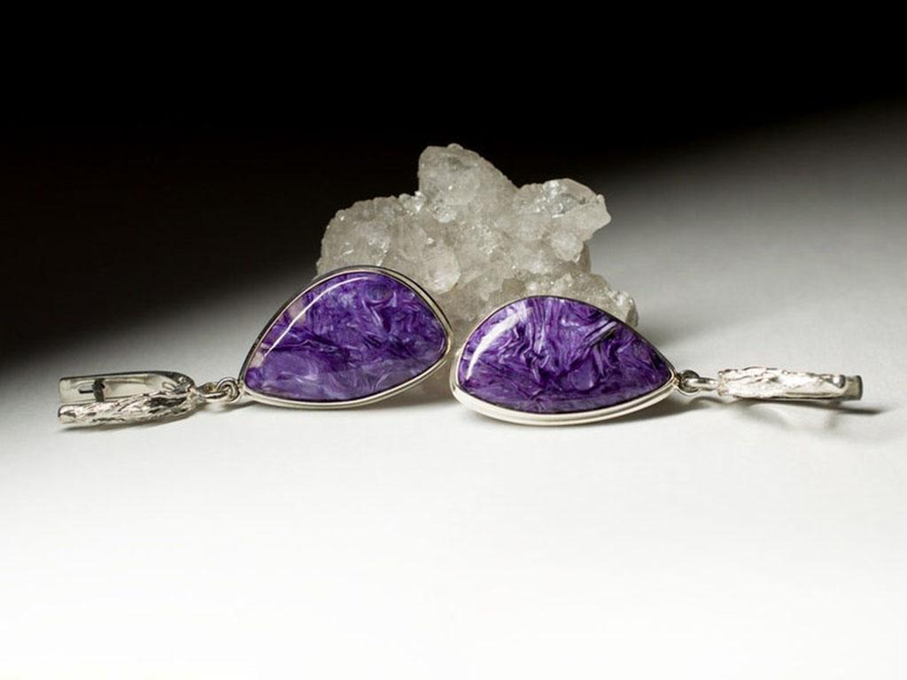 Charoite Silver Earrings Rare Natural Purple Gemstone Fine Unisex Jewelry For Sale 3