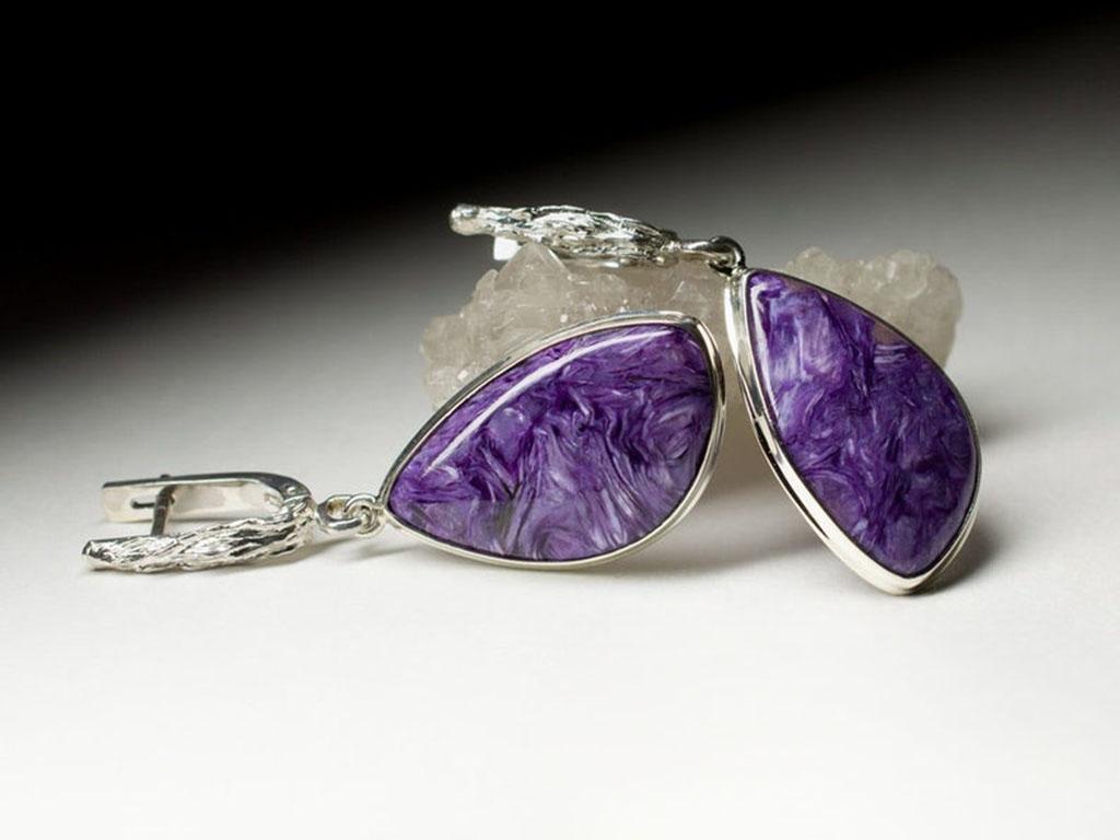 Charoite Silver Earrings Rare Natural Purple Gemstone Fine Unisex Jewelry For Sale 4