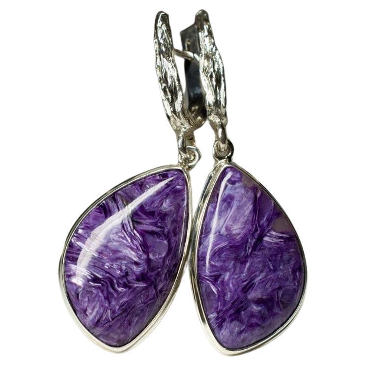 Charoite Silver Earrings Rare Natural Purple Gemstone Fine Unisex Jewelry For Sale