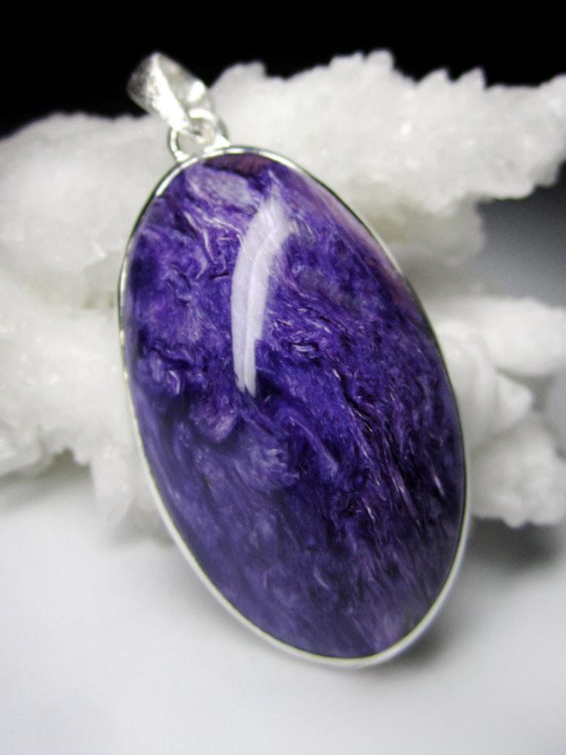 Oval Cut Charoite Silver Pendant Natural Royal Purple Gemstone gift Vintage style