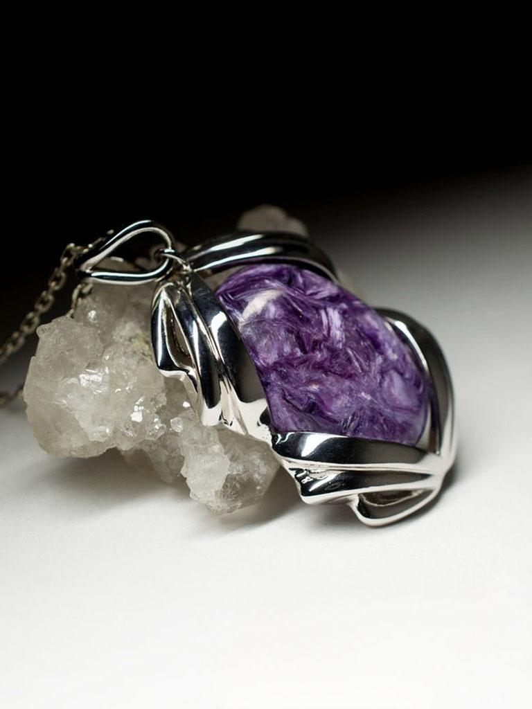 Artisan Charoite Silver Pendant Natural Ultra Violet Gemstone Fine Unisex Jewelry For Sale