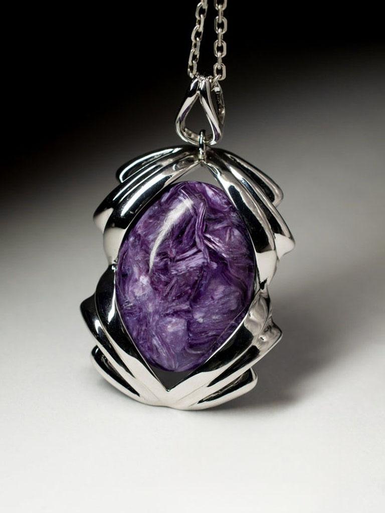 Oval Cut Charoite Silver Pendant Natural Ultra Violet Gemstone Fine Unisex Jewelry For Sale