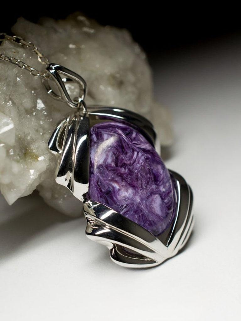 Charoite Silver Pendant Natural Ultra Violet Gemstone Fine Unisex Jewelry For Sale 2