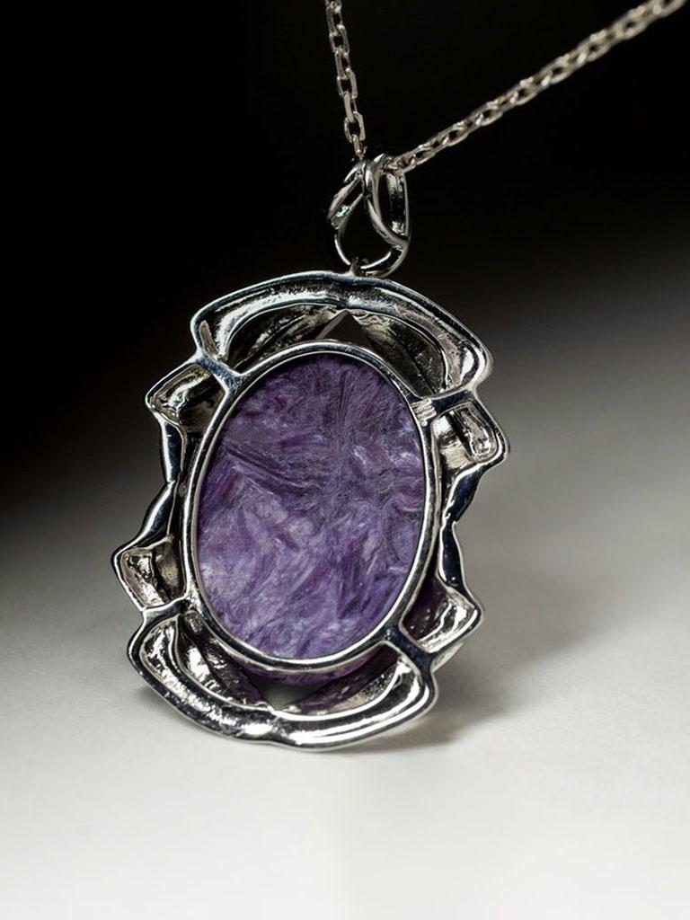 Charoite Silver Pendant Natural Ultra Violet Gemstone Fine Unisex Jewelry For Sale 4