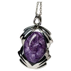 Used Charoite Silver Pendant Natural Ultra Violet Gemstone Fine Unisex Jewelry