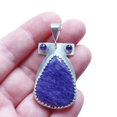 Charoite Silver Pendant Necklace with Amethyst Accents
