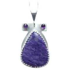 Charoite Silver Pendant Necklace with Amethyst Accents