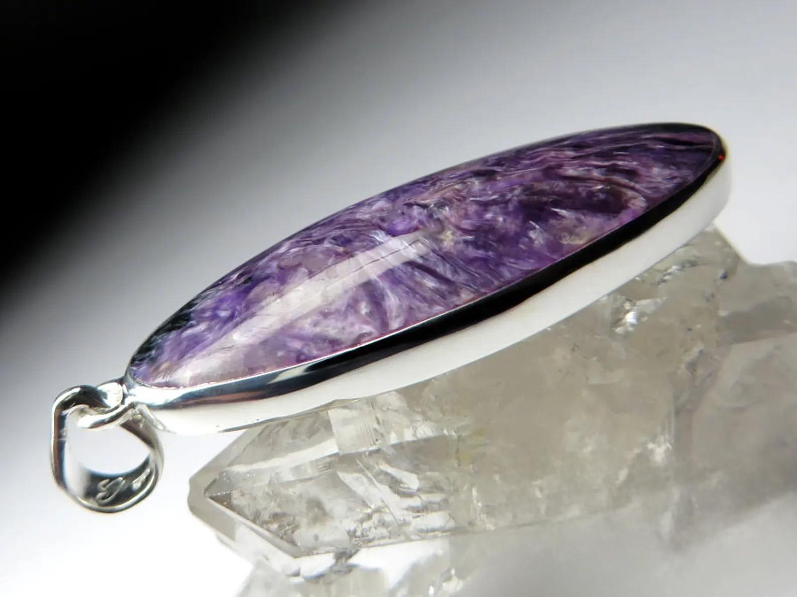Ciondolo d'argento Charoite Royal Purple Flower Patterned Oval Natural Gemstone regalo in vendita 5