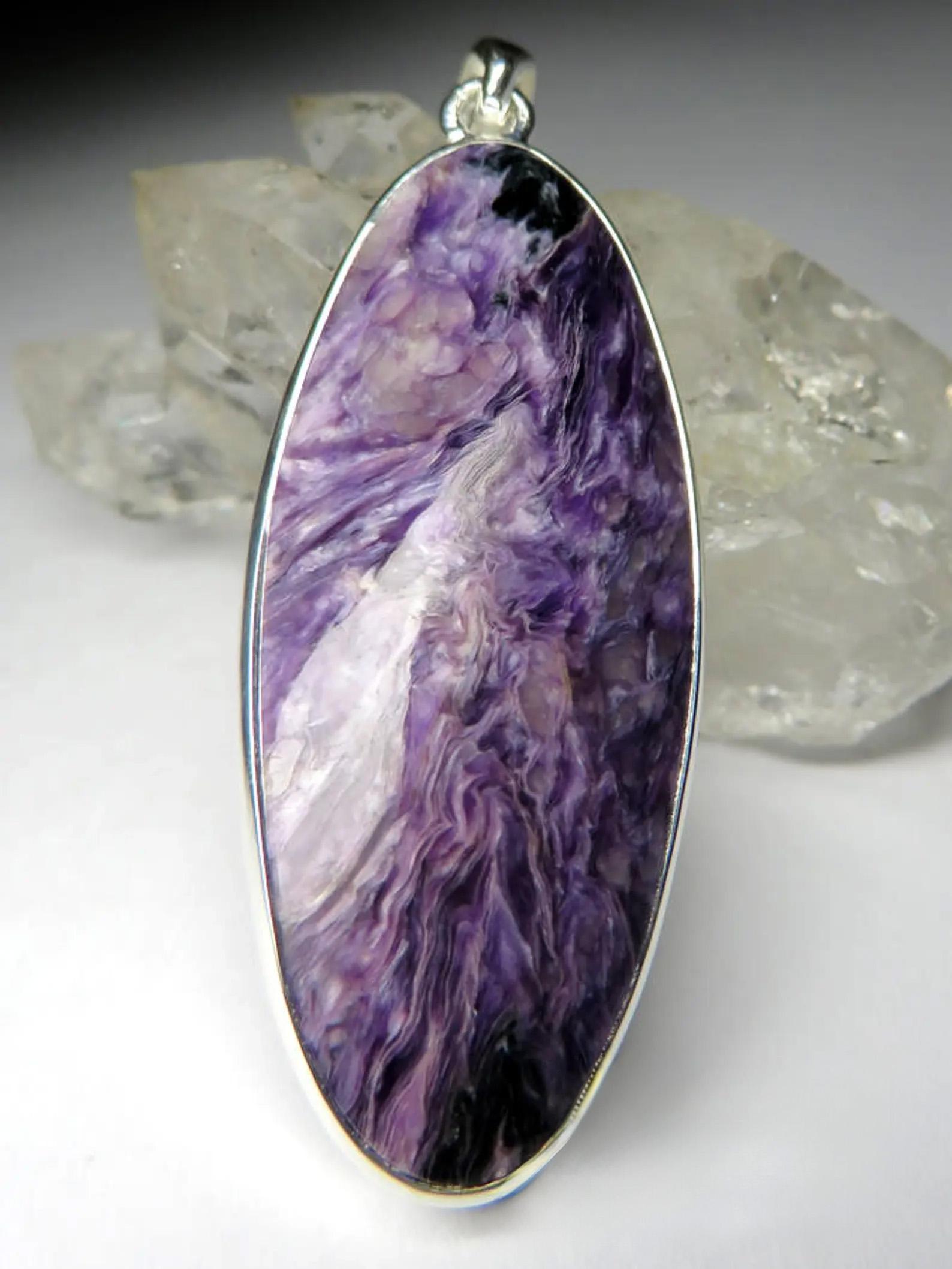 Ciondolo d'argento Charoite Royal Purple Flower Patterned Oval Natural Gemstone regalo in vendita 3