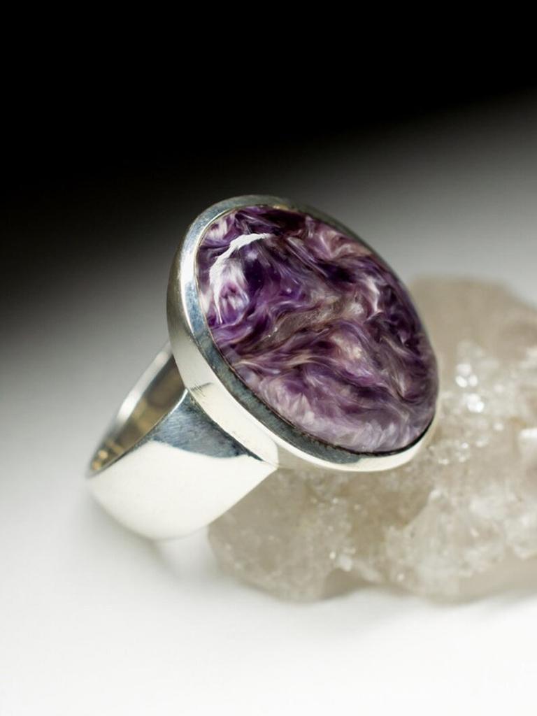 Oval Cut Charoite Silver Ring Violet Purple Gemstone Big Unisex Jewelry LOTR Style For Sale