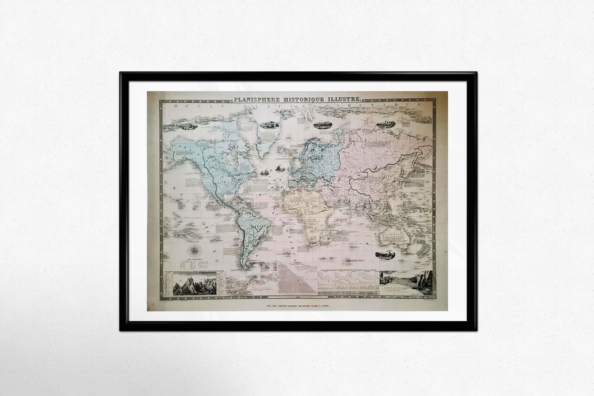 1864 Original illustrated planisphere - World Map - Geography For Sale 1