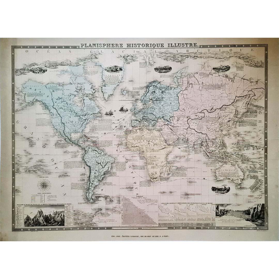 Planisphere originale illustrée - Carte du monde - Géographie, 1864 - Print de Charpentier