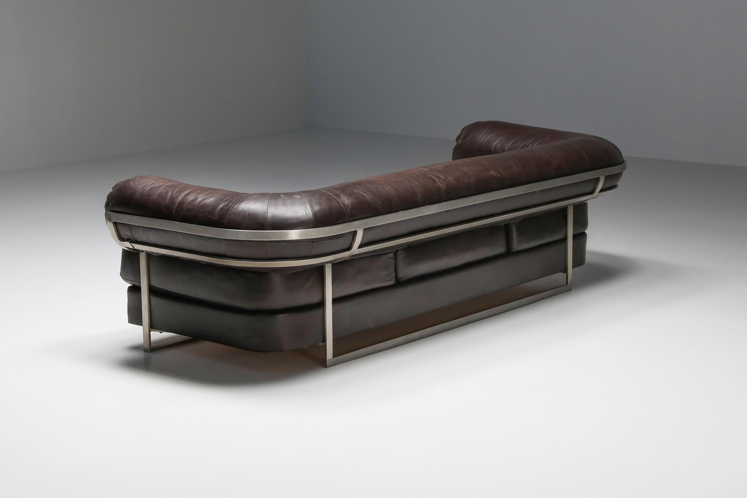Post-Modern Charpentier Brown Leather 'Apollo' Sofa in Stainless Steel Frame, 1960s