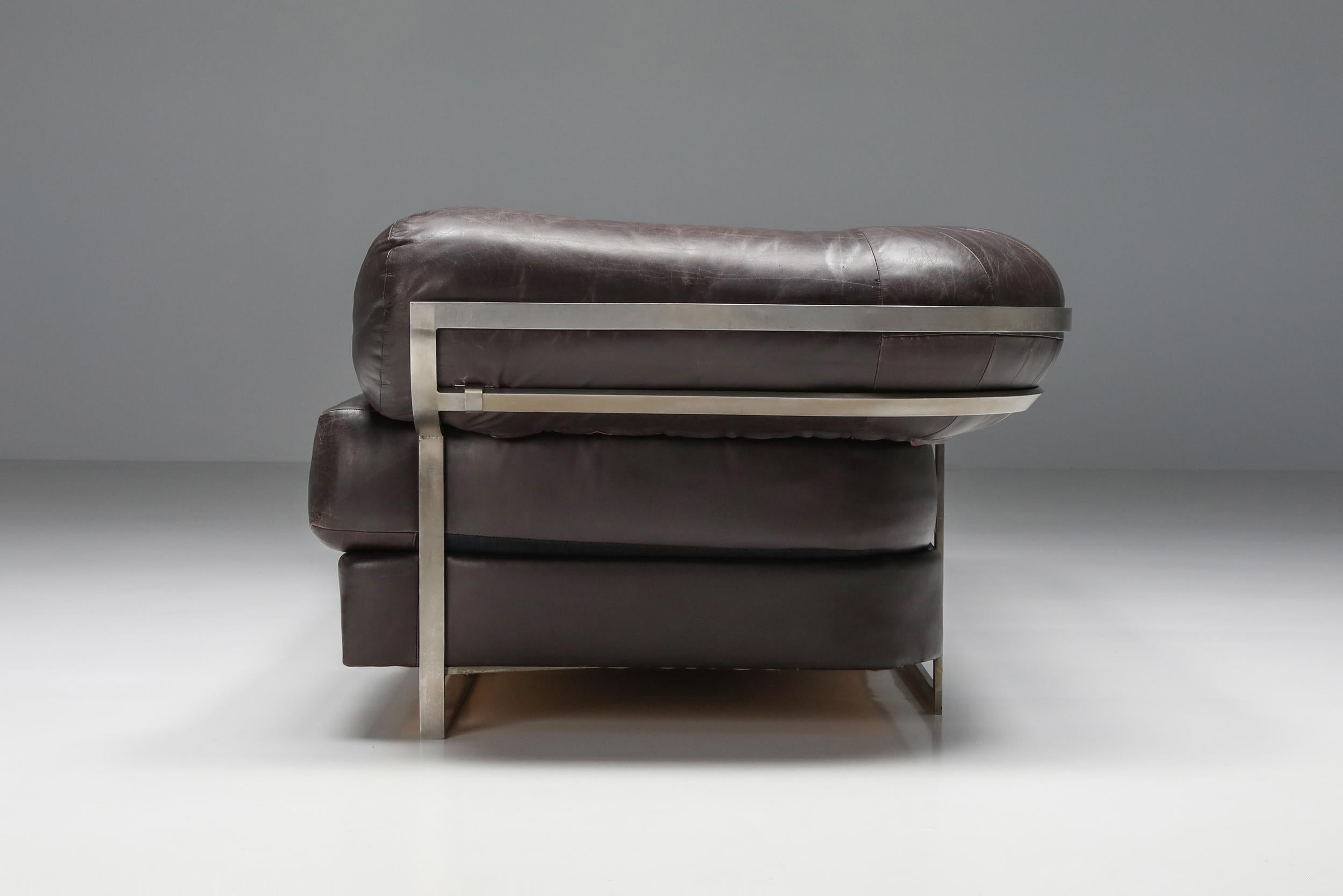 French Charpentier Brown Leather 'Apollo' Sofa in Stainless Steel Frame, 1960s