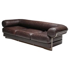 Charpentier Brown Leather 'Apollo' Sofa in Stainless Steel Frame, 1960's