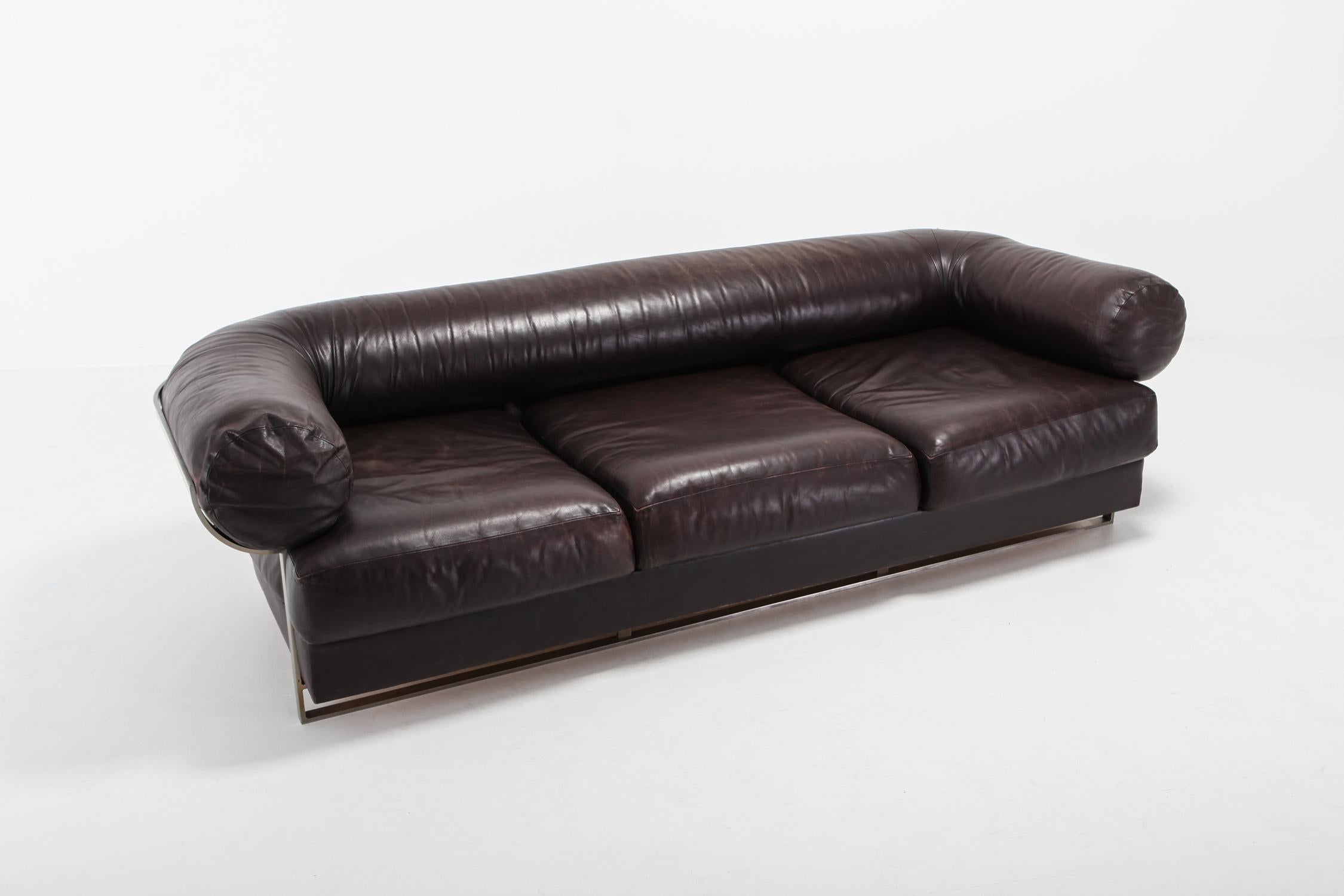 Post-Modern Charpentier Brown Leather 'Apollo' Sofa in Stainless Steel Frame For Sale