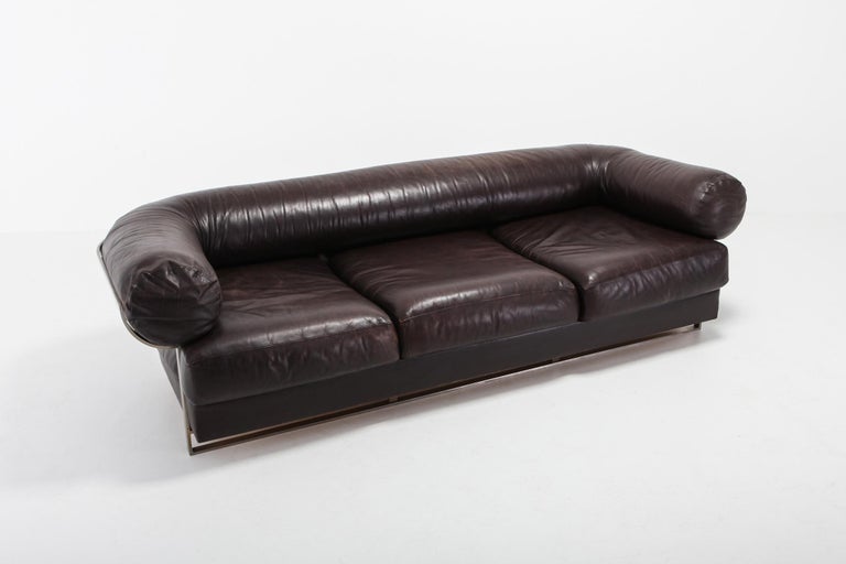 Post-Modern Charpentier Brown Leather 'Apollo' Sofa in Stainless Steel Frame