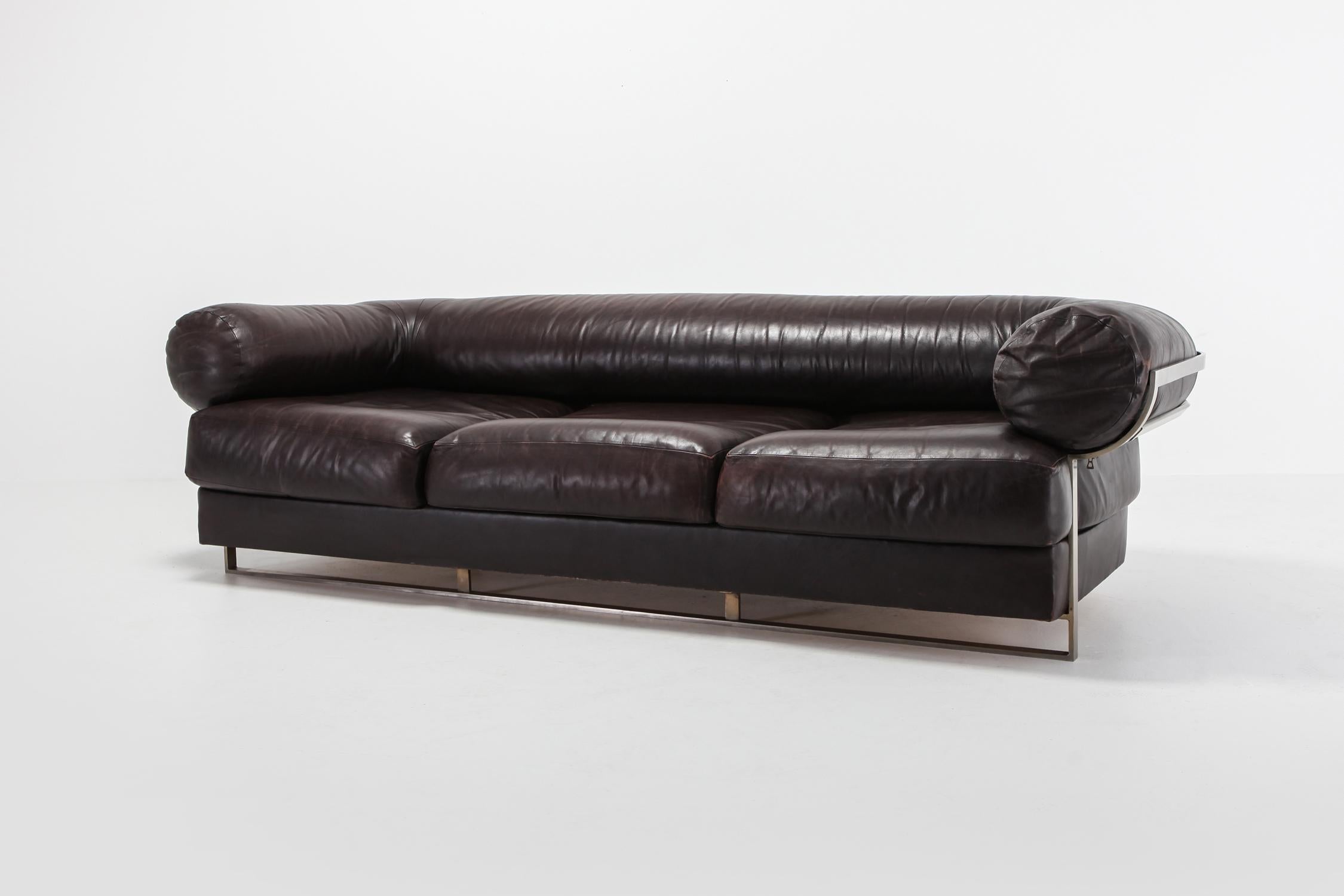 French Charpentier Brown Leather 'Apollo' Sofa in Stainless Steel Frame For Sale